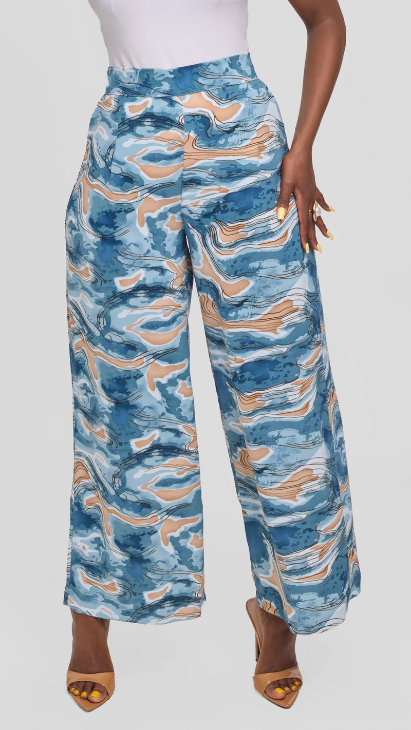 Vivo Maisha Straight Leg Pants in Crepe - Brown / Blue Print