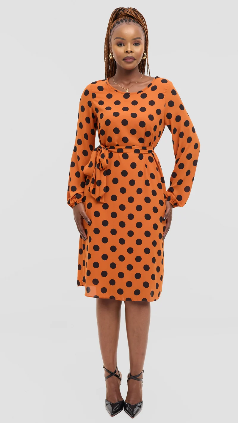 Vivo Zawadi Shift Dress in Chiffon - Rust / Black Polka Dot