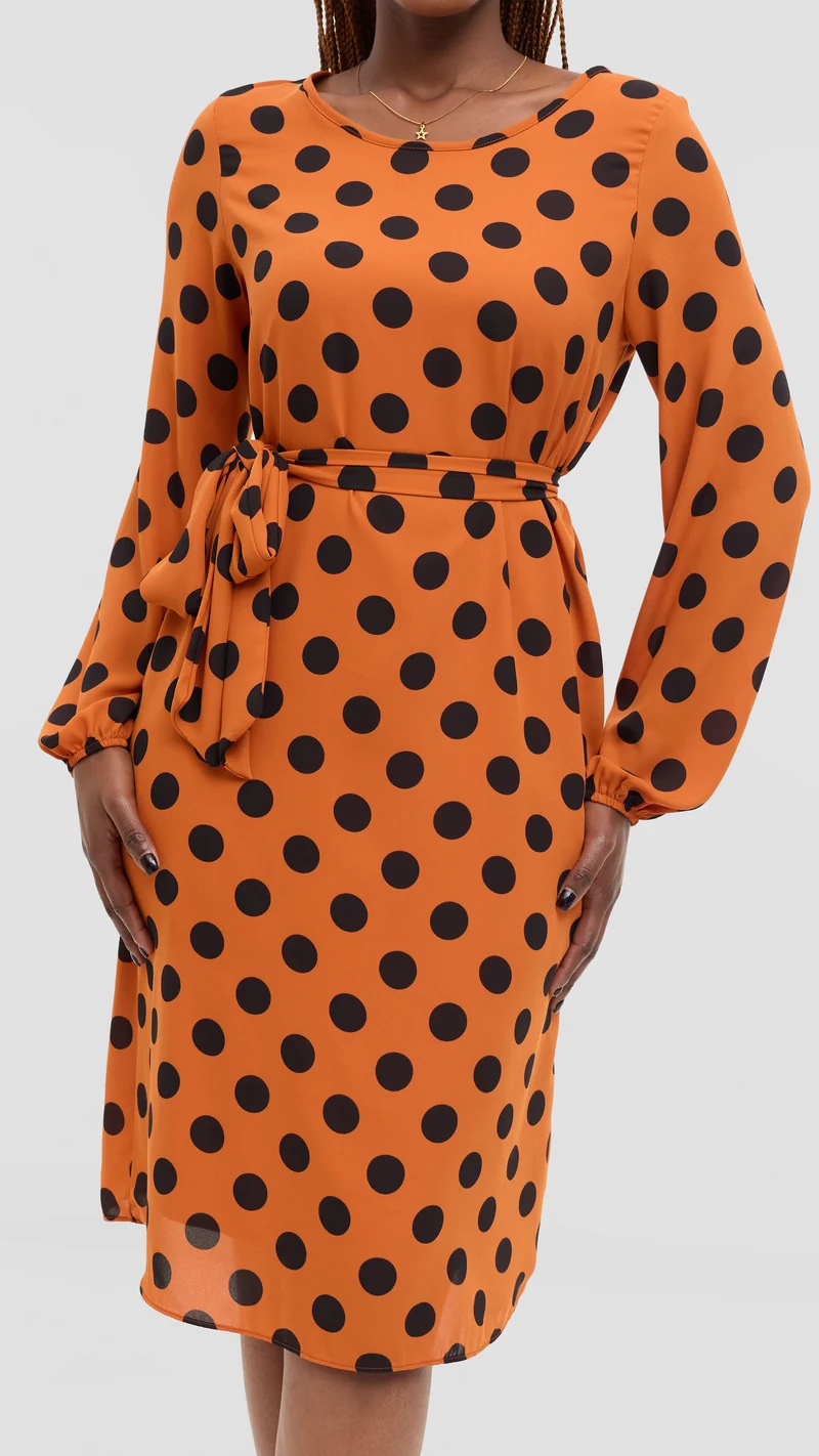 Vivo Zawadi Shift Dress in Chiffon - Rust / Black Polka Dot