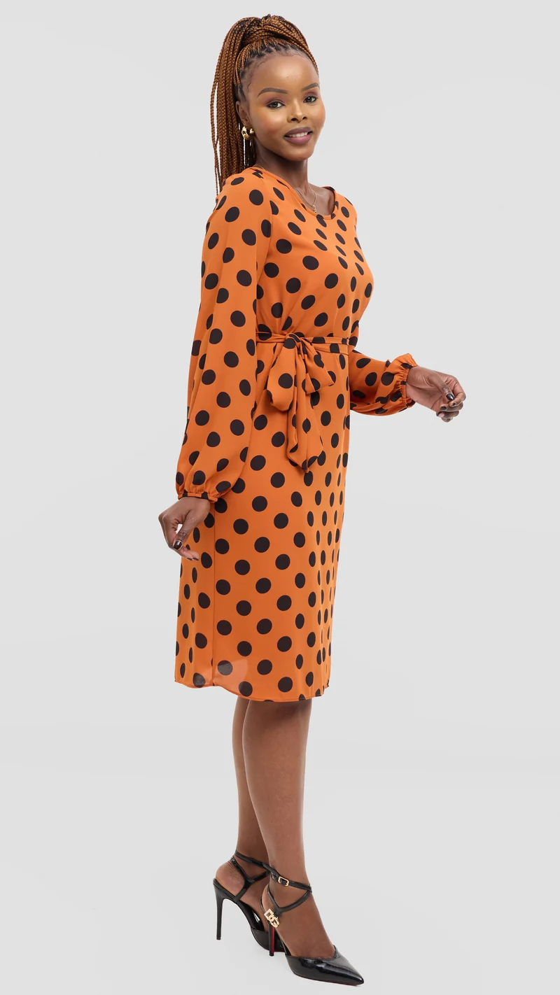 Vivo Zawadi Shift Dress in Chiffon - Rust / Black Polka Dot