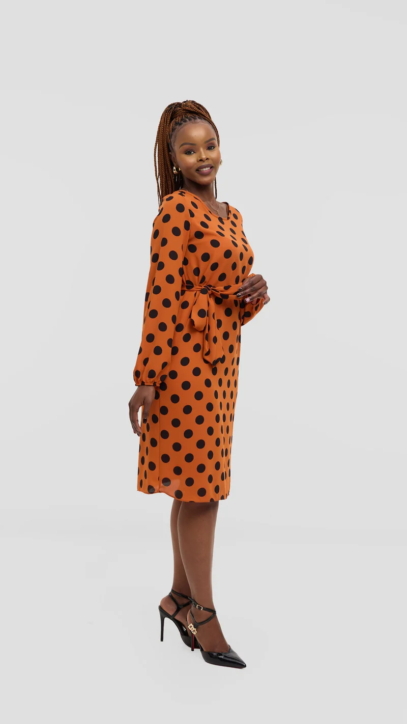 Vivo Zawadi Shift Dress in Chiffon - Rust / Black Polka Dot