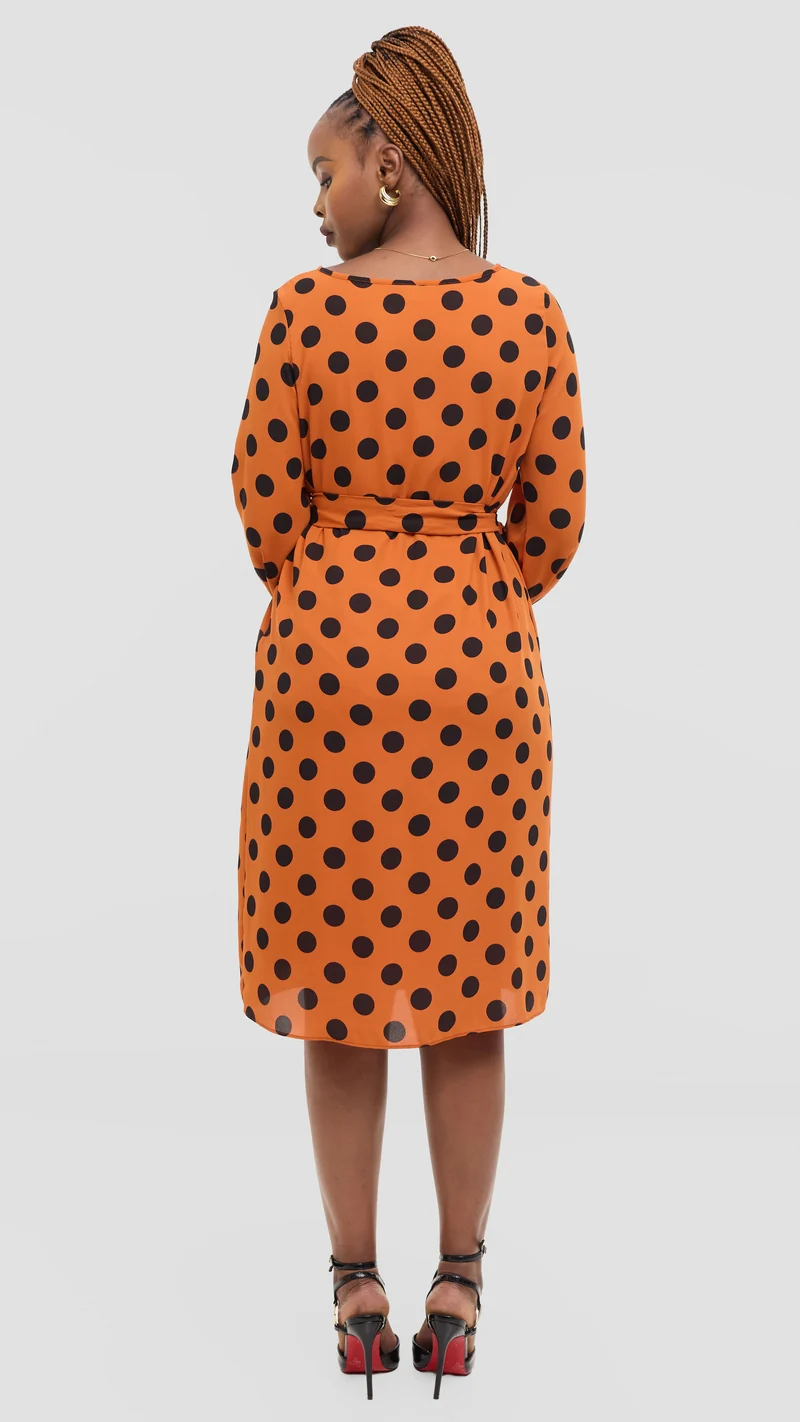 Vivo Zawadi Shift Dress in Chiffon - Rust / Black Polka Dot