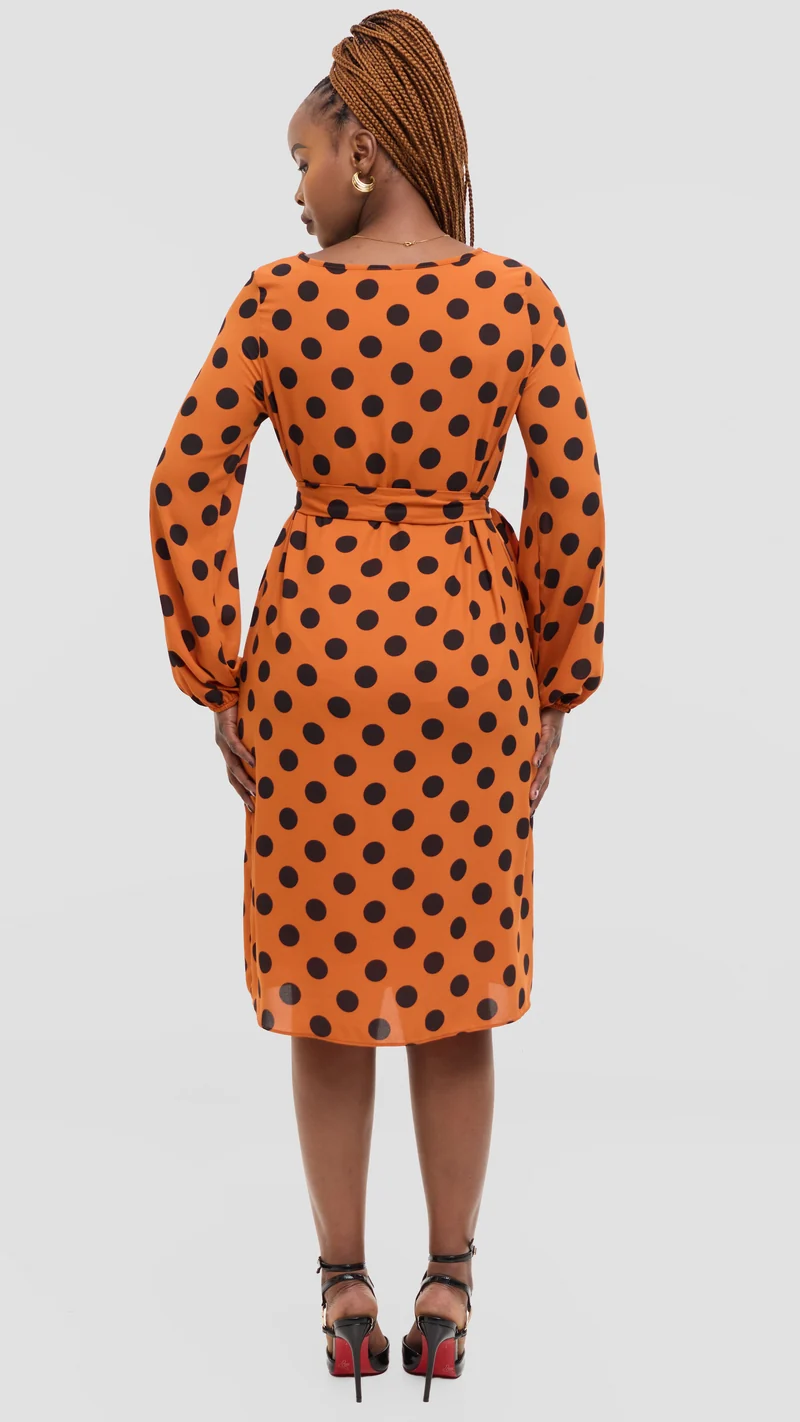 Vivo Zawadi Shift Dress in Chiffon - Rust / Black Polka Dot