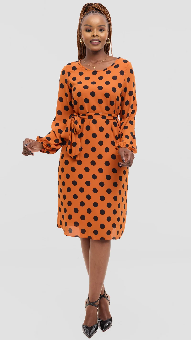 Vivo Zawadi Shift Dress in Chiffon - Rust / Black Polka Dot