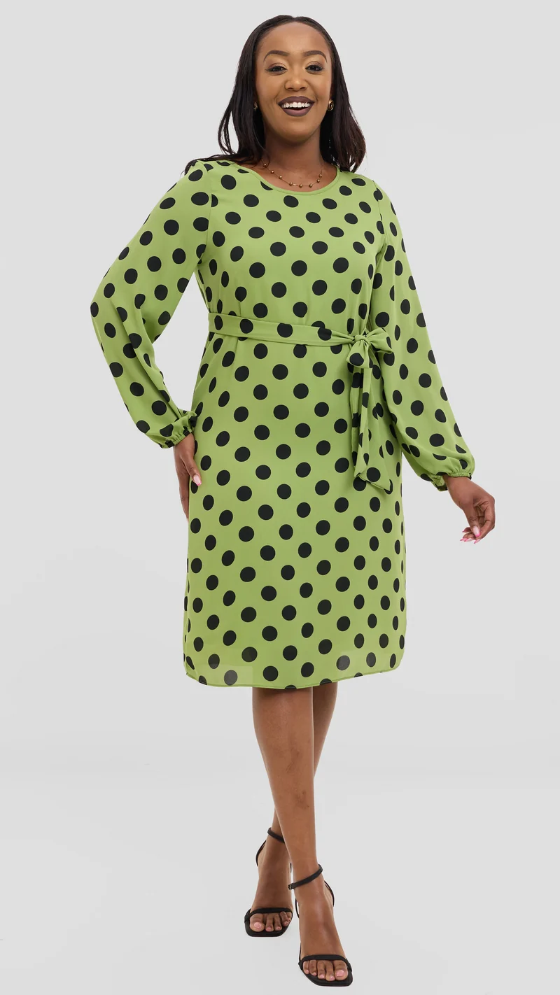 Vivo Zawadi Shift Dress in Chiffon - Green / Black Polka Dot