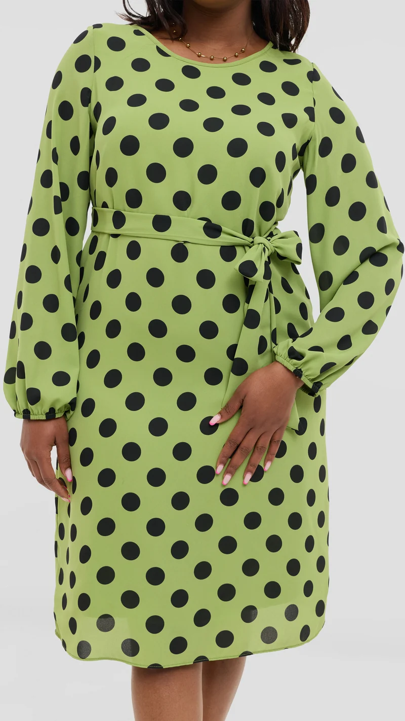 Vivo Zawadi Shift Dress in Chiffon - Green / Black Polka Dot