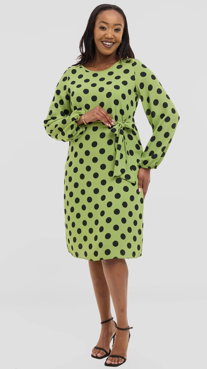 Vivo Zawadi Shift Dress in Chiffon - Green / Black Polka Dot