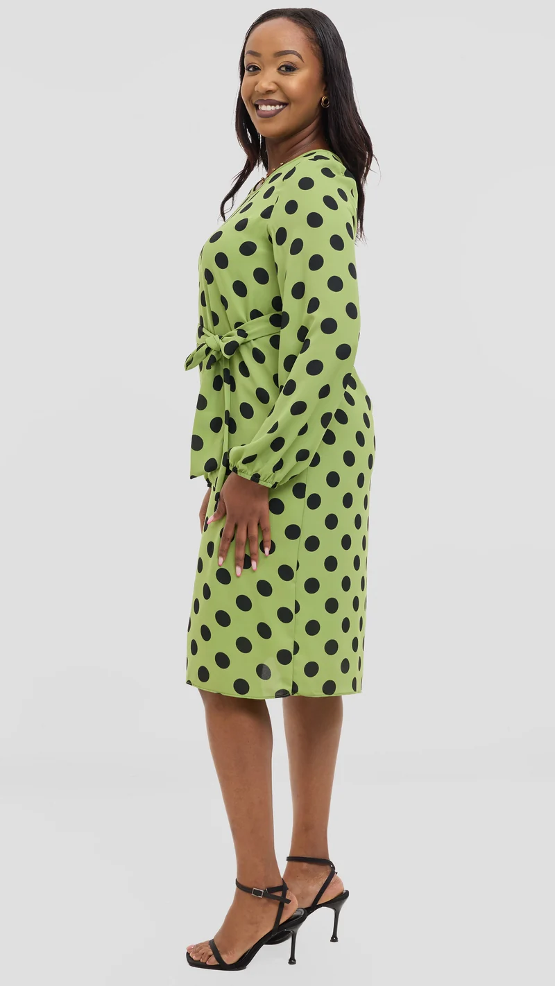 Vivo Zawadi Shift Dress in Chiffon - Green / Black Polka Dot