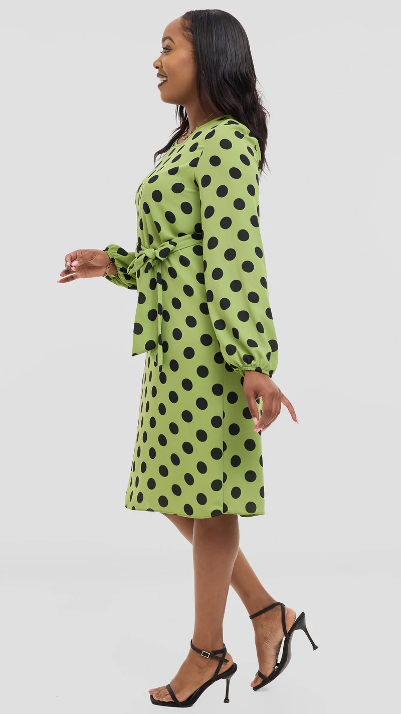 Vivo Zawadi Shift Dress in Chiffon - Green / Black Polka Dot