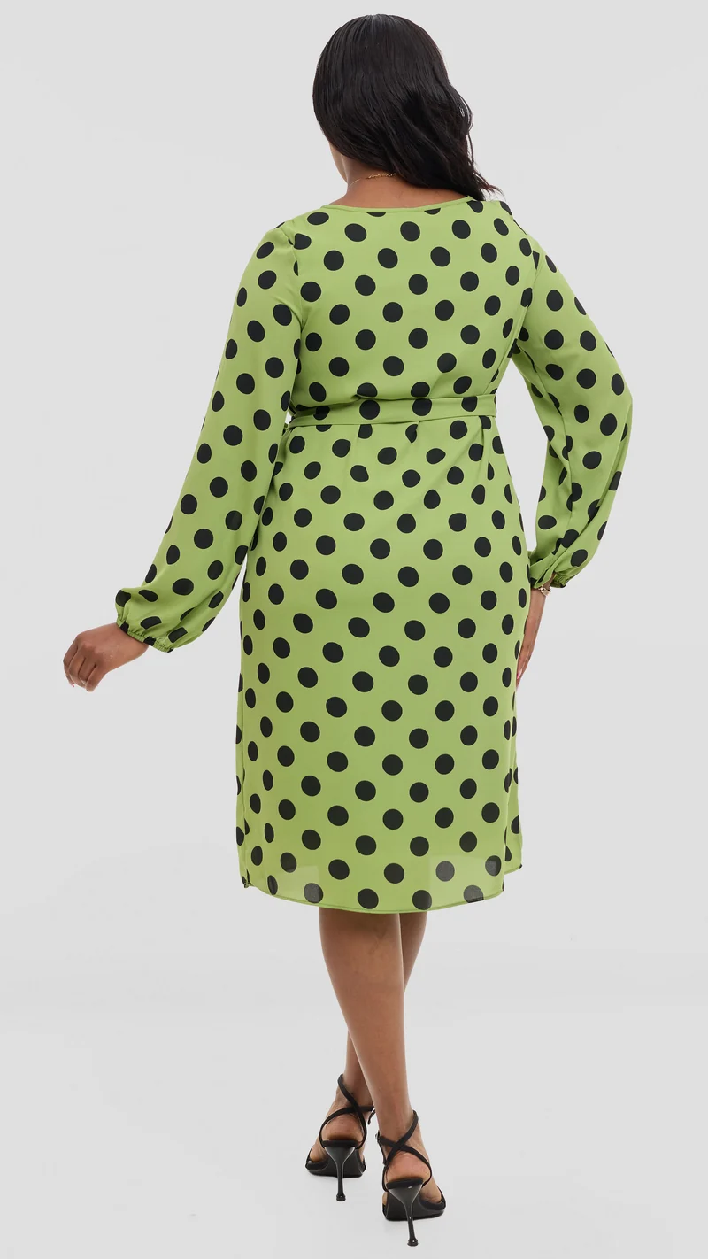 Vivo Zawadi Shift Dress in Chiffon - Green / Black Polka Dot