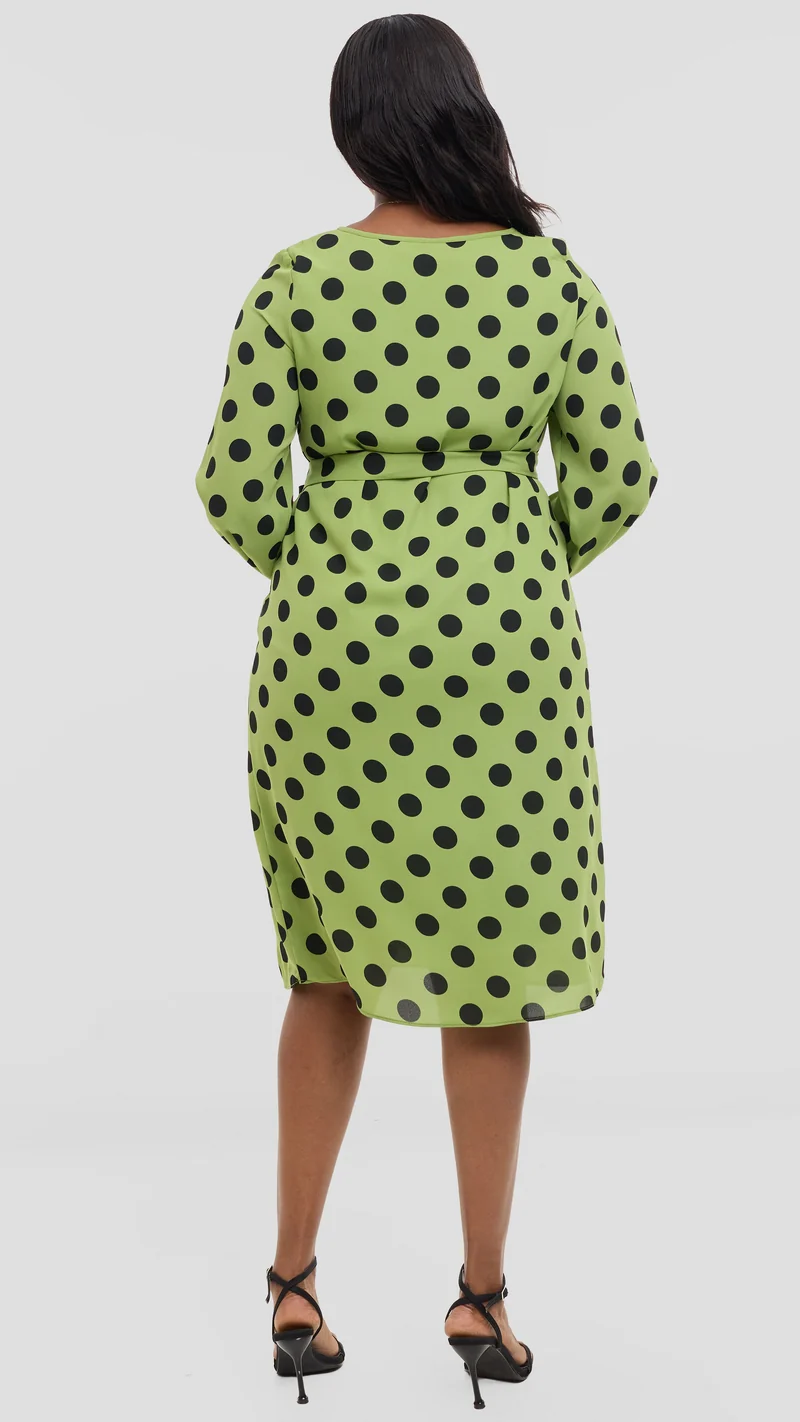 Vivo Zawadi Shift Dress in Chiffon - Green / Black Polka Dot