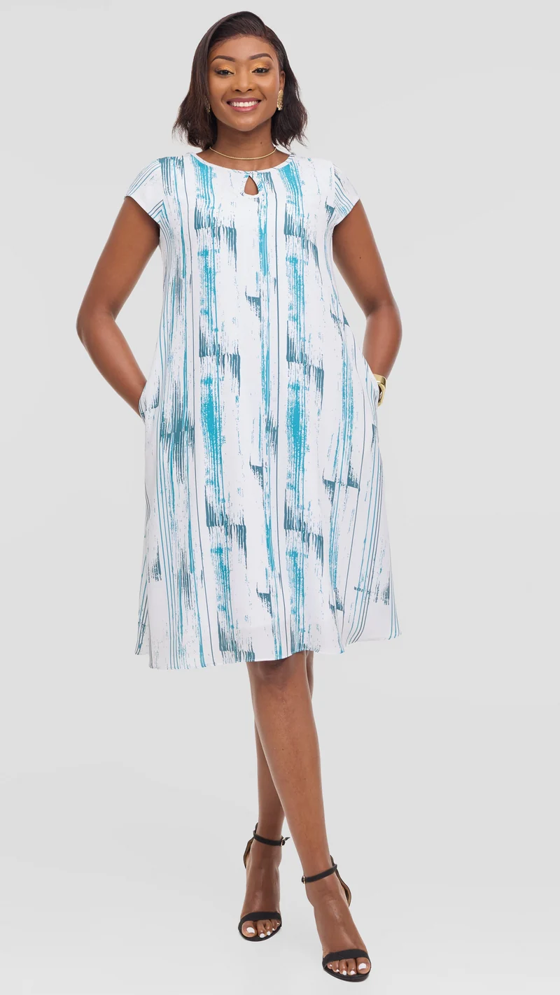 Vivo Sierra Cap Sleeve Tent Dress in Chiffon - White / Teal Siolo Print