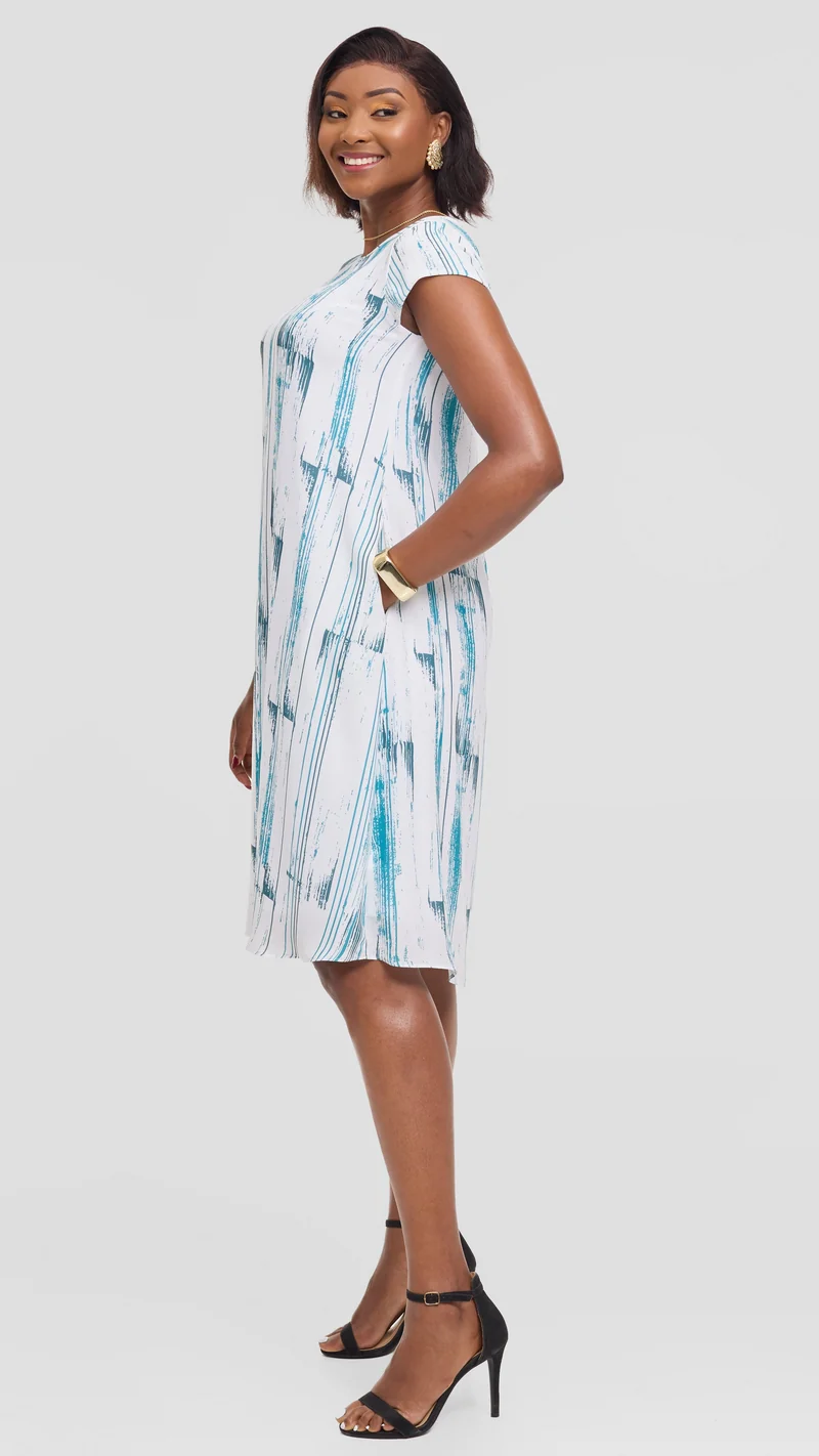 Vivo Sierra Cap Sleeve Tent Dress in Chiffon - White / Teal Siolo Print