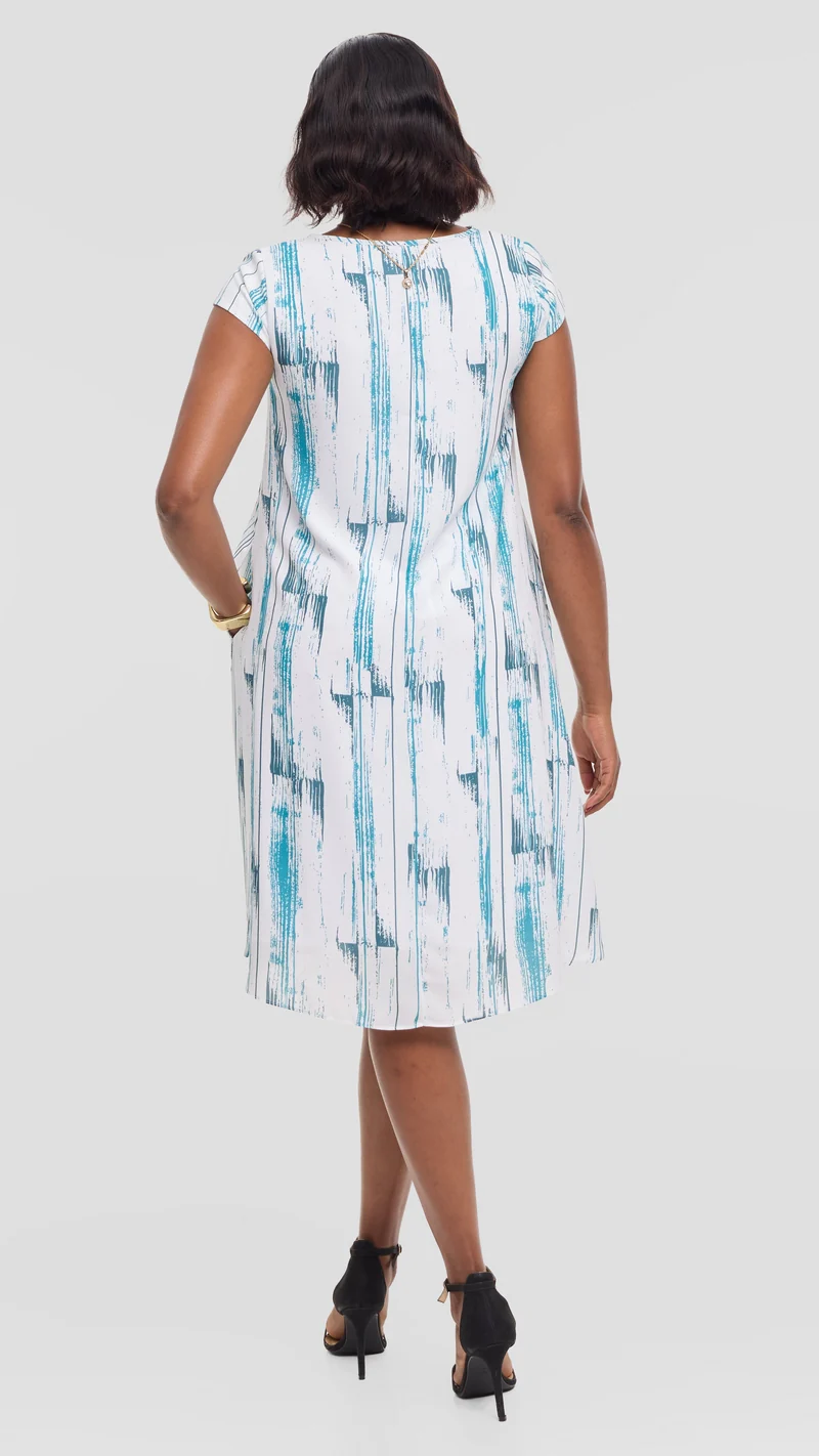 Vivo Sierra Cap Sleeve Tent Dress in Chiffon - White / Teal Siolo Print