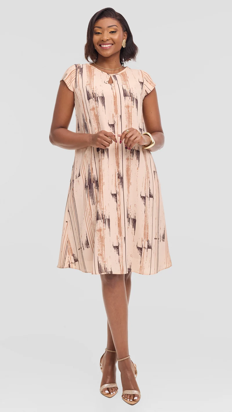Vivo Sierra Cap Sleeve Tent Dress in Chiffon - Light Peach / Brown Siolo Print