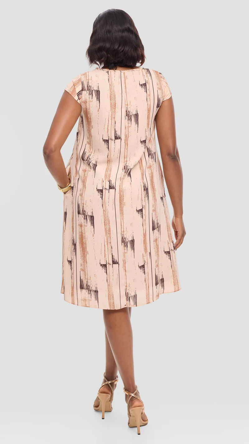 Vivo Sierra Cap Sleeve Tent Dress in Chiffon - Light Peach / Brown Siolo Print