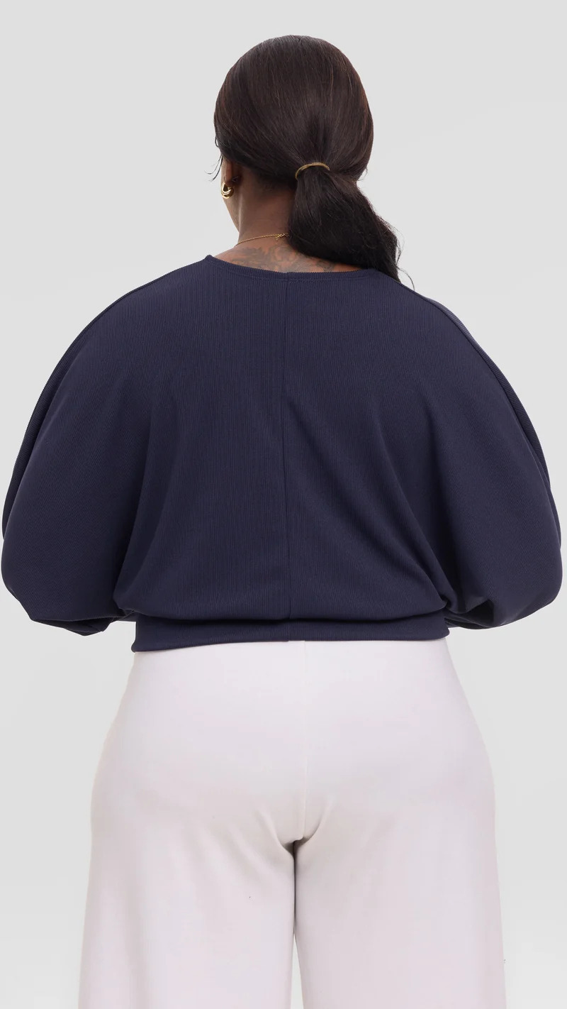 Vivo Tanda V-Neck Top in Stretch Rib - Navy
