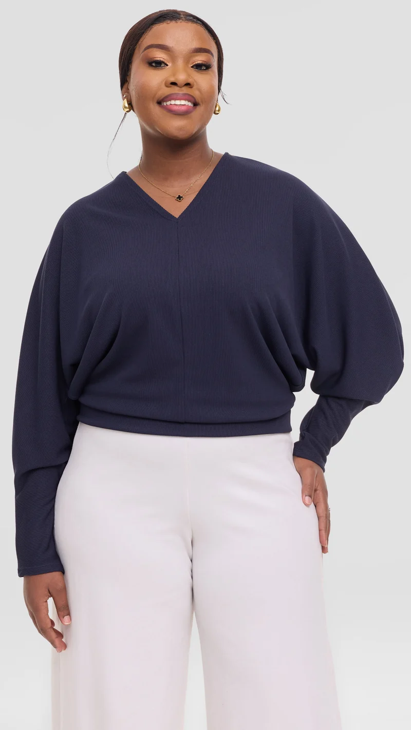 Vivo Tanda V-Neck Top in Stretch Rib - Navy