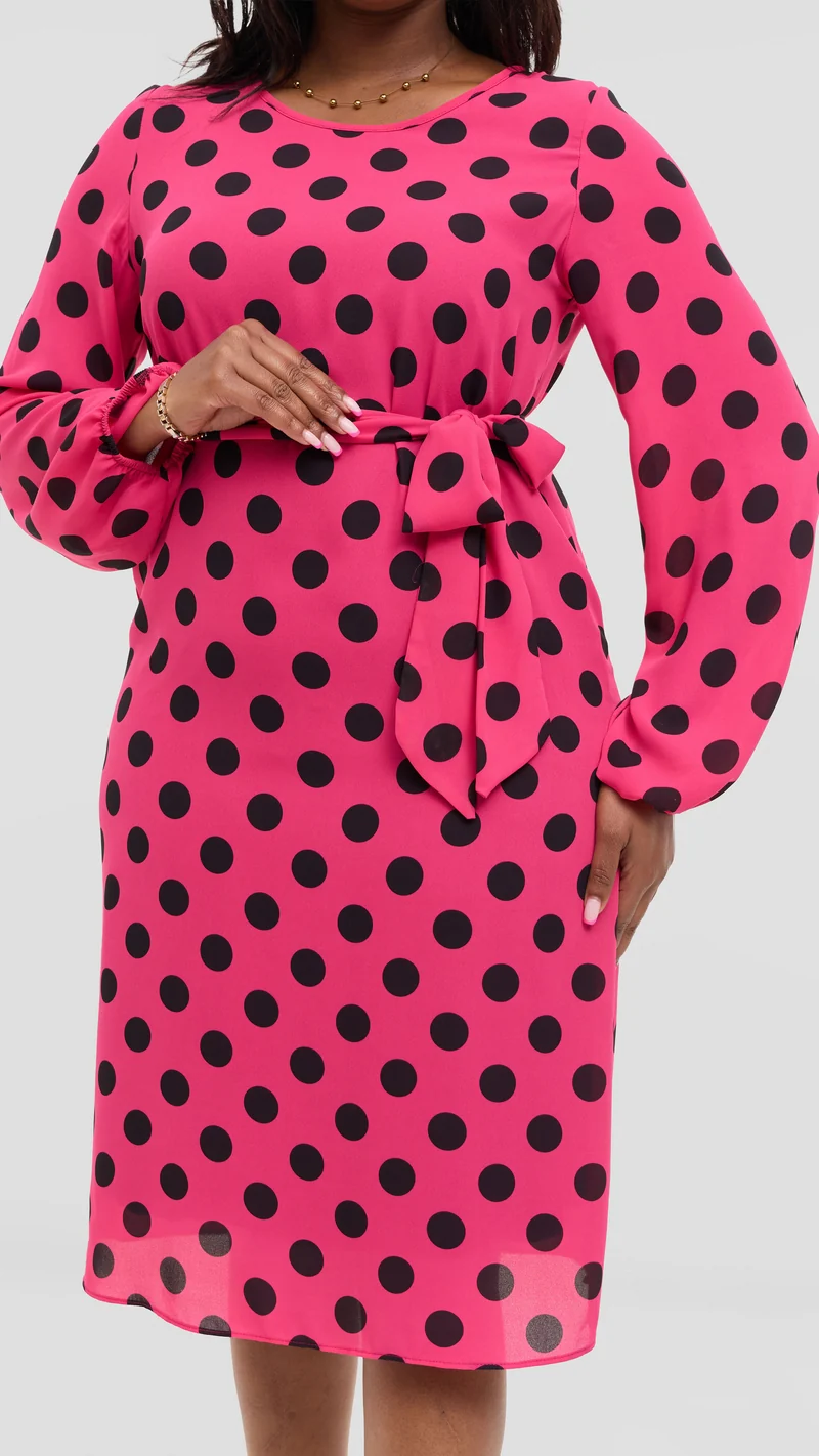 Vivo Zawadi Shift Dress in Chiffon - Pink / Black Polka Dot