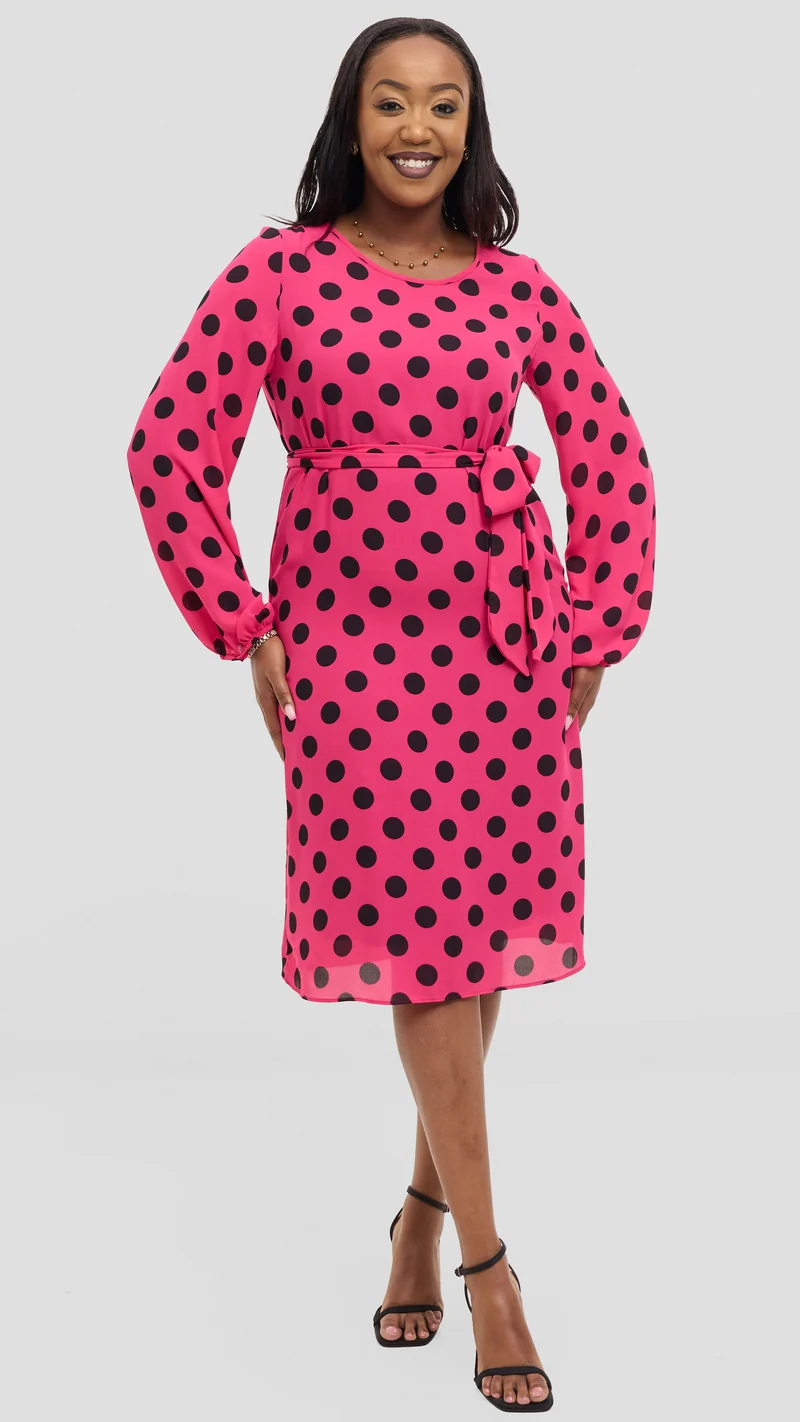 Vivo Zawadi Shift Dress in Chiffon - Pink / Black Polka Dot