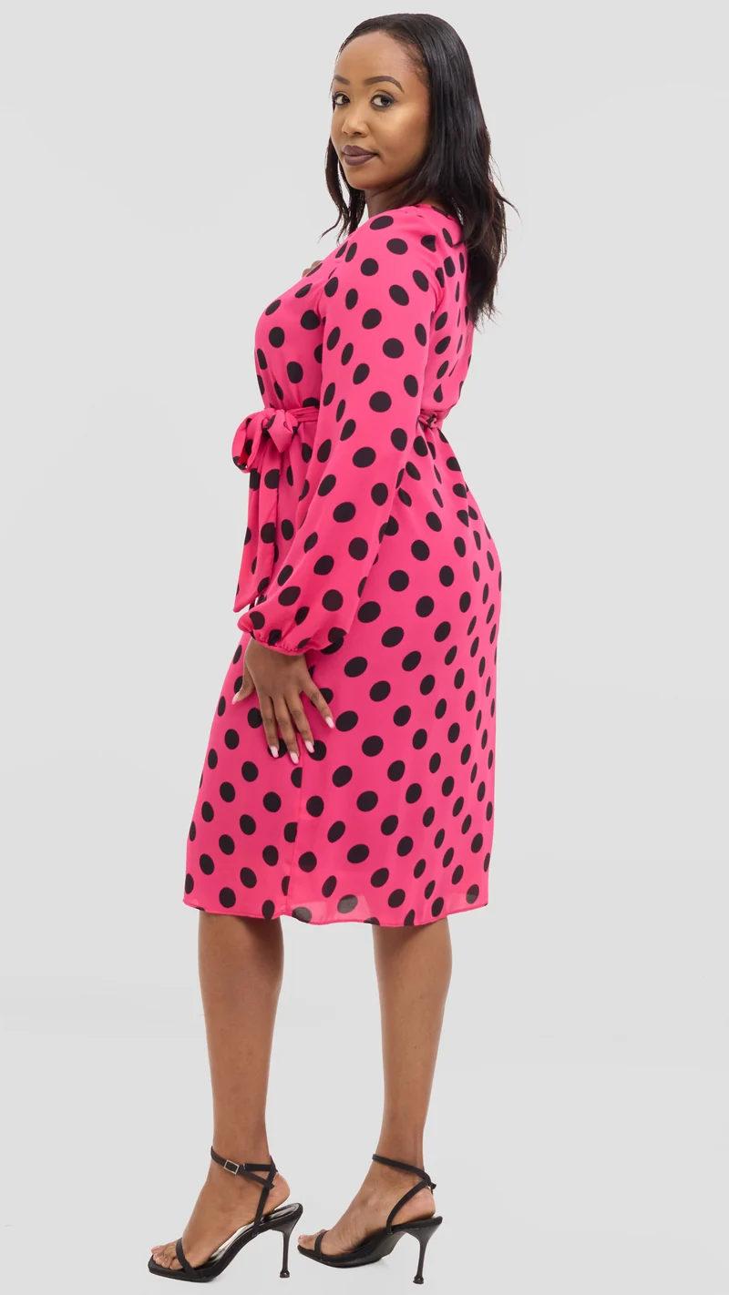 Vivo Zawadi Shift Dress in Chiffon - Pink / Black Polka Dot