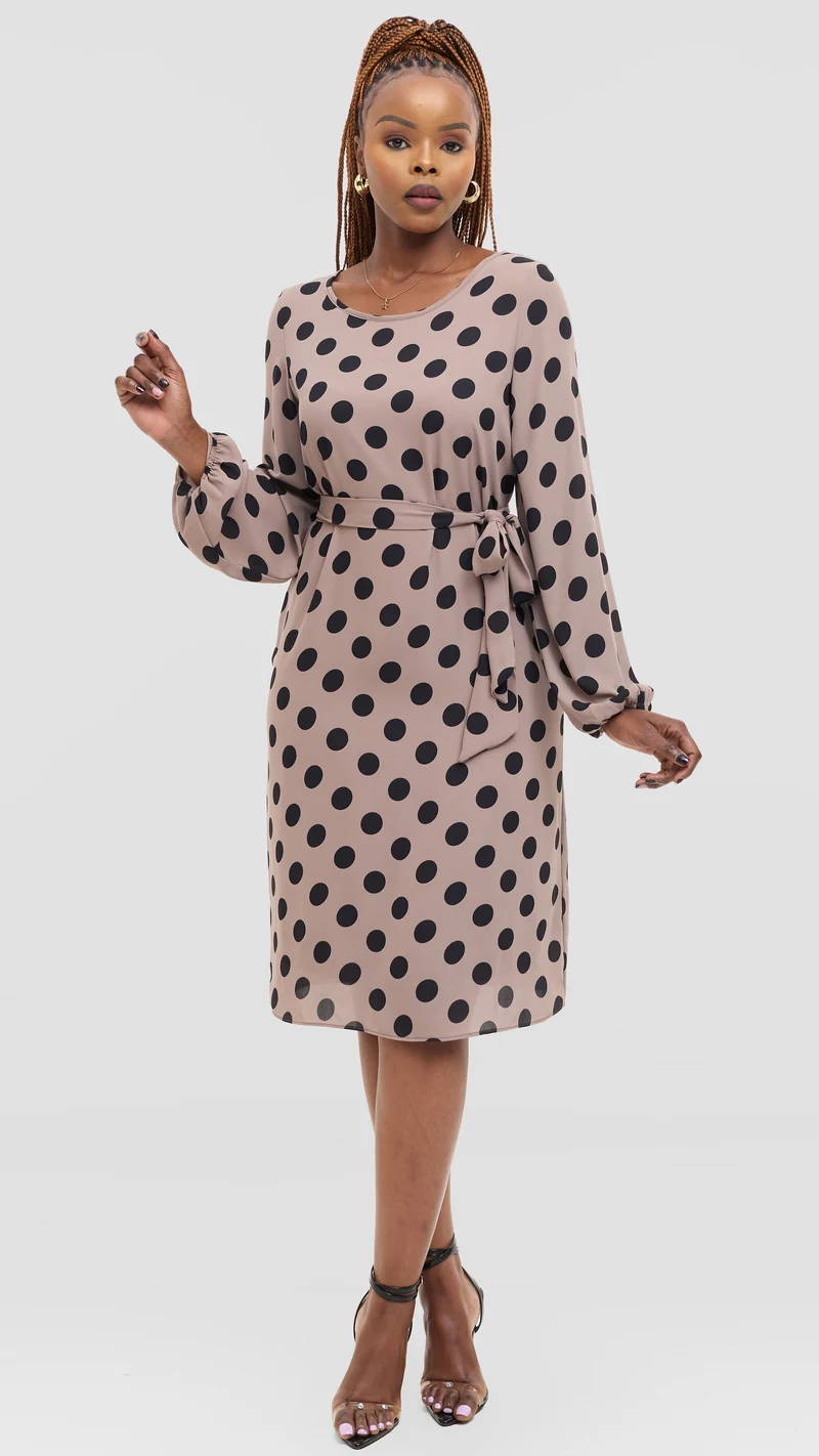 Vivo Zawadi Shift Dress in Chiffon - Taupe / Black Polka Dot