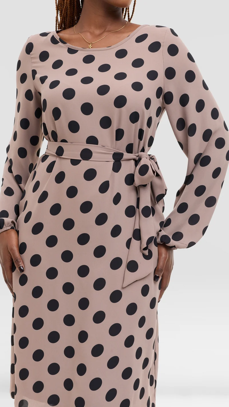 Vivo Zawadi Shift Dress in Chiffon - Taupe / Black Polka Dot