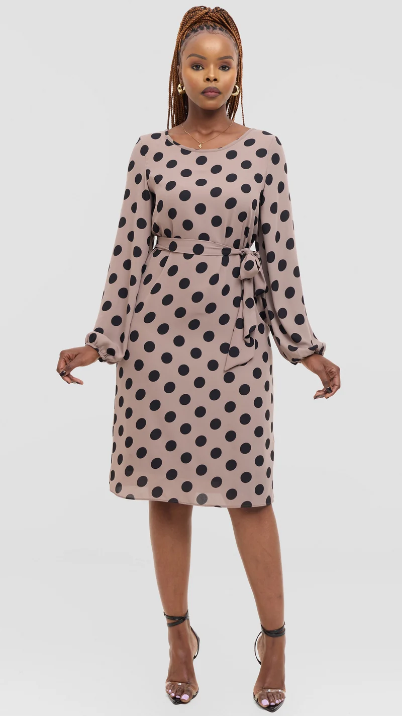 Vivo Zawadi Shift Dress in Chiffon - Taupe / Black Polka Dot