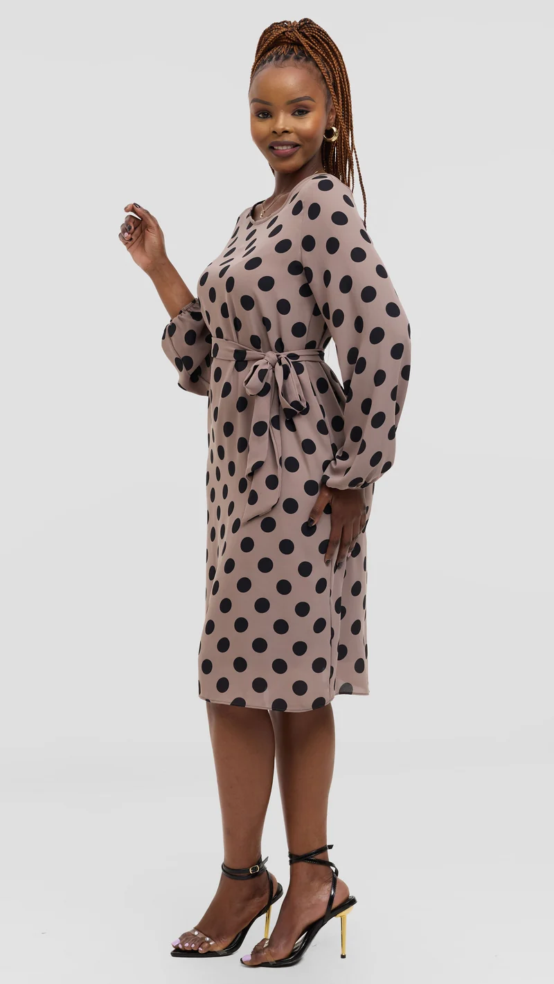 Vivo Zawadi Shift Dress in Chiffon - Taupe / Black Polka Dot