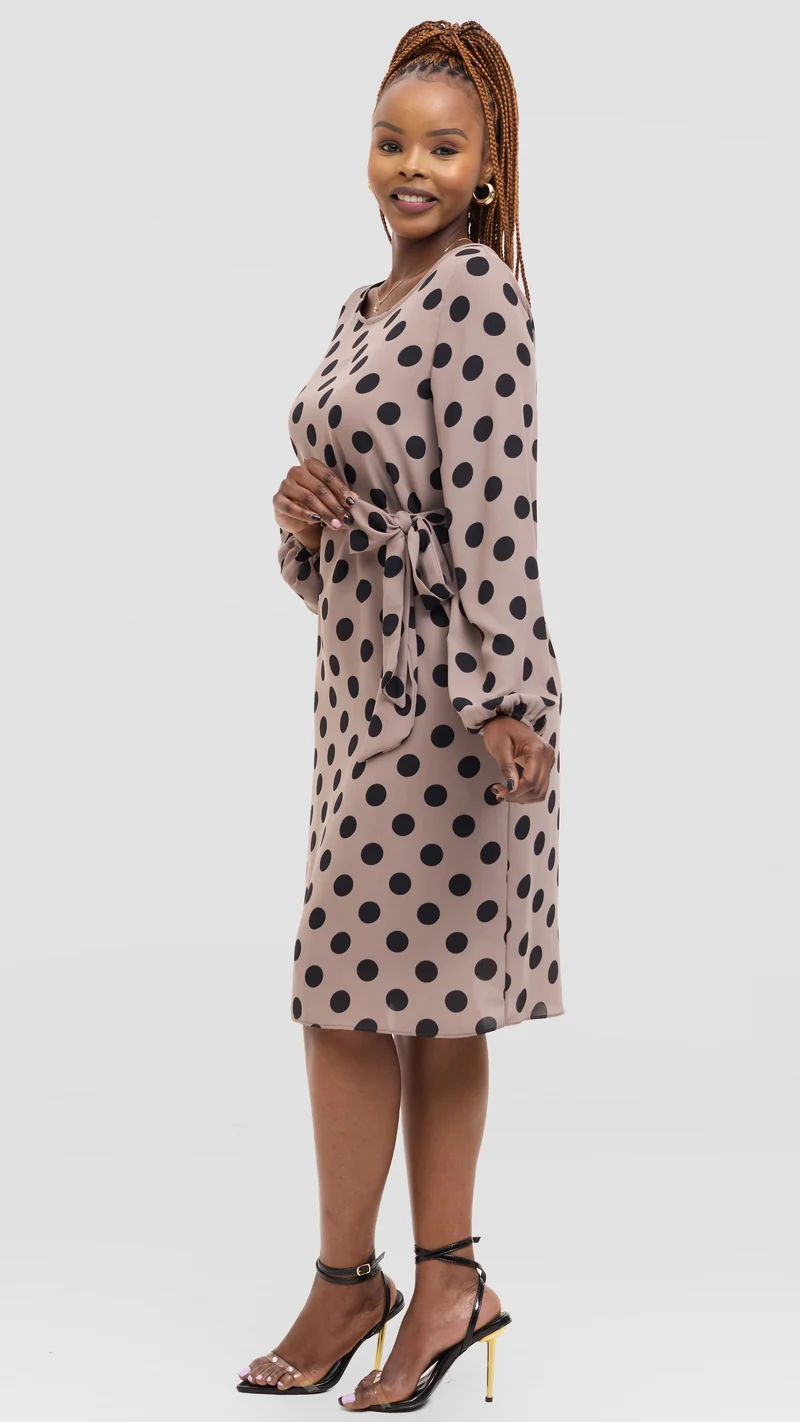 Vivo Zawadi Shift Dress in Chiffon - Taupe / Black Polka Dot