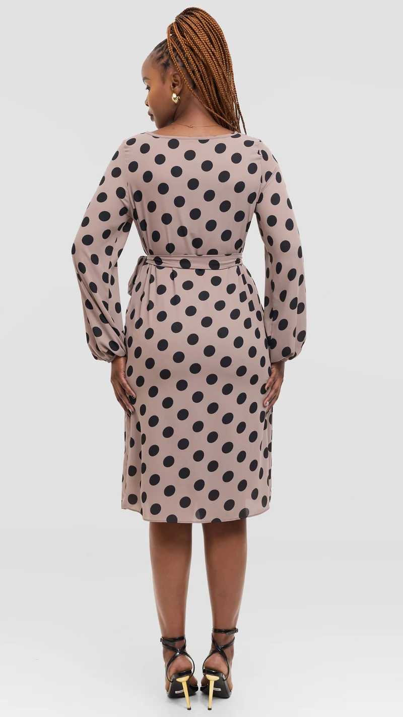 Vivo Zawadi Shift Dress in Chiffon - Taupe / Black Polka Dot