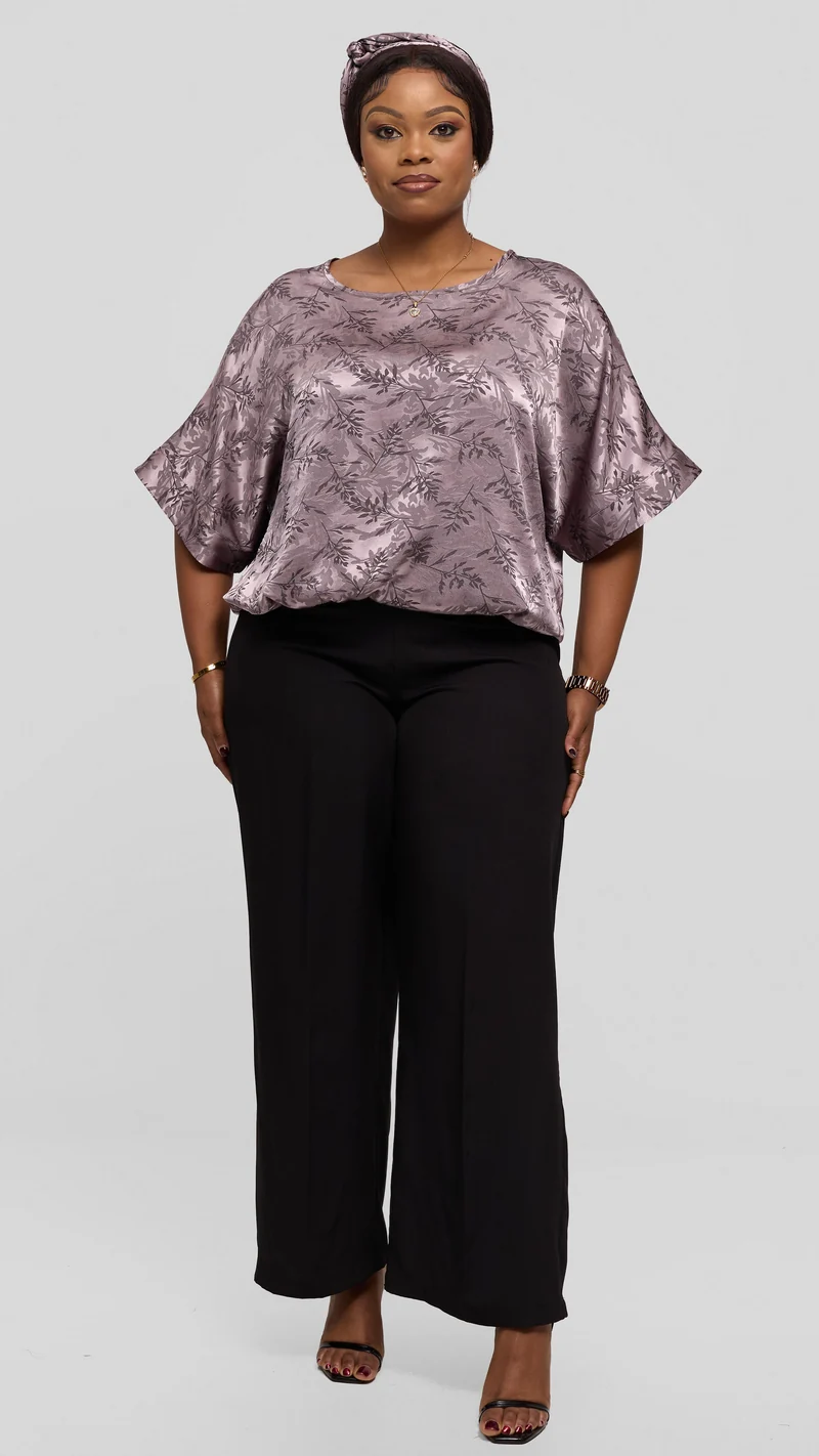 Vivo Liora Drawstring Kimono Sleeve Top in Textured Satin - Taupe Print