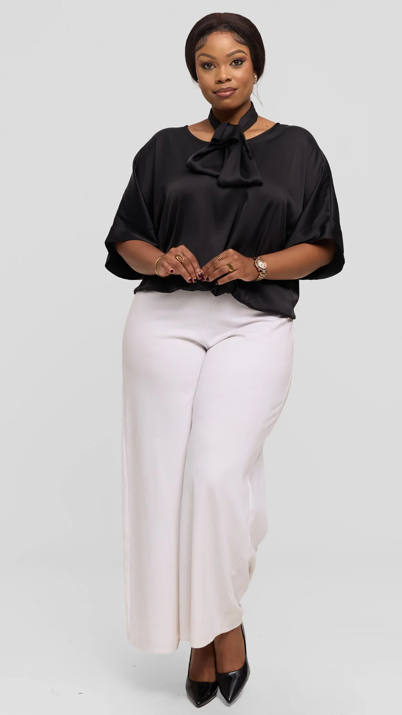 Vivo Liora Drawstring Kimono Sleeve Top in Textured Satin - Black