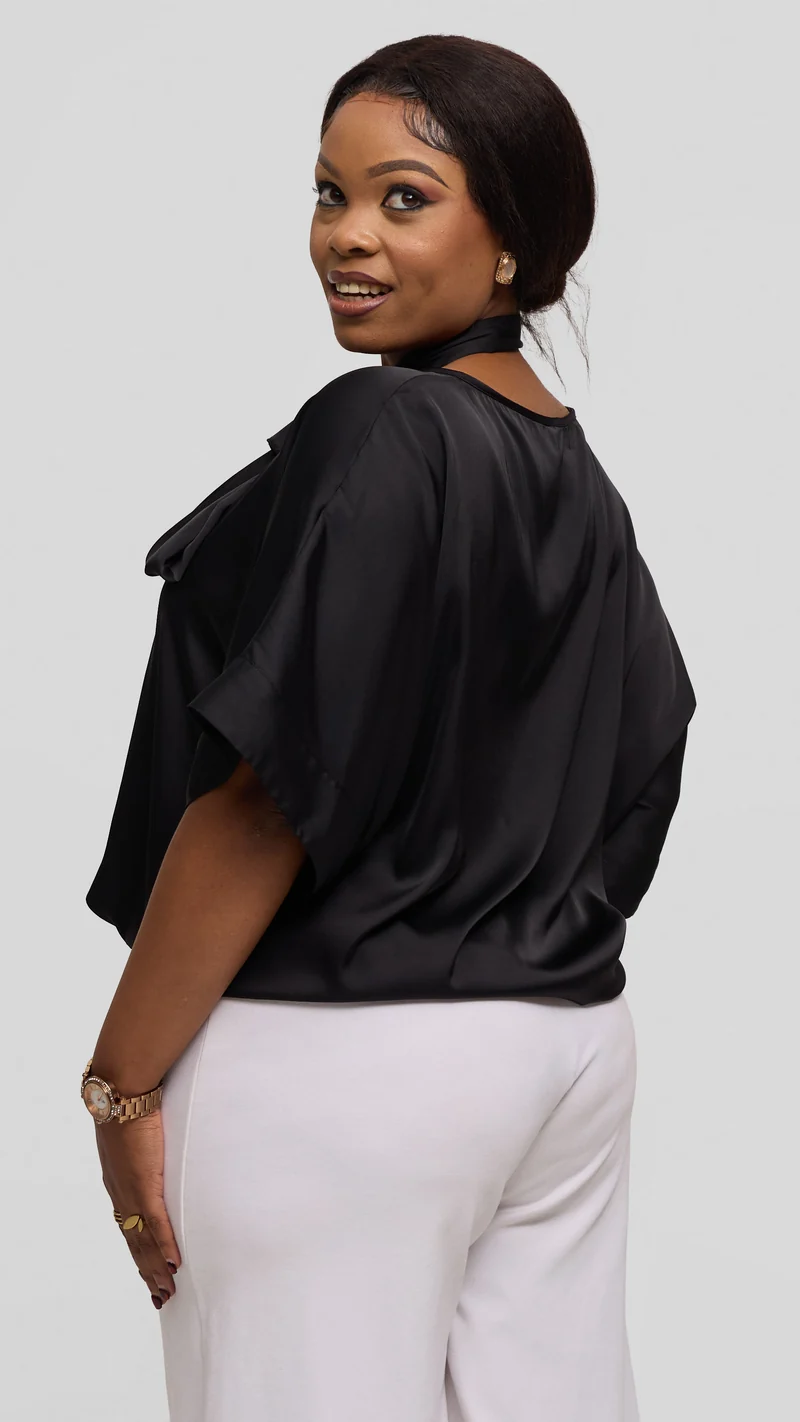 Vivo Liora Drawstring Kimono Sleeve Top in Textured Satin - Black