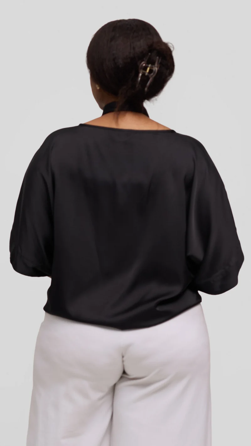 Vivo Liora Drawstring Kimono Sleeve Top in Textured Satin - Black