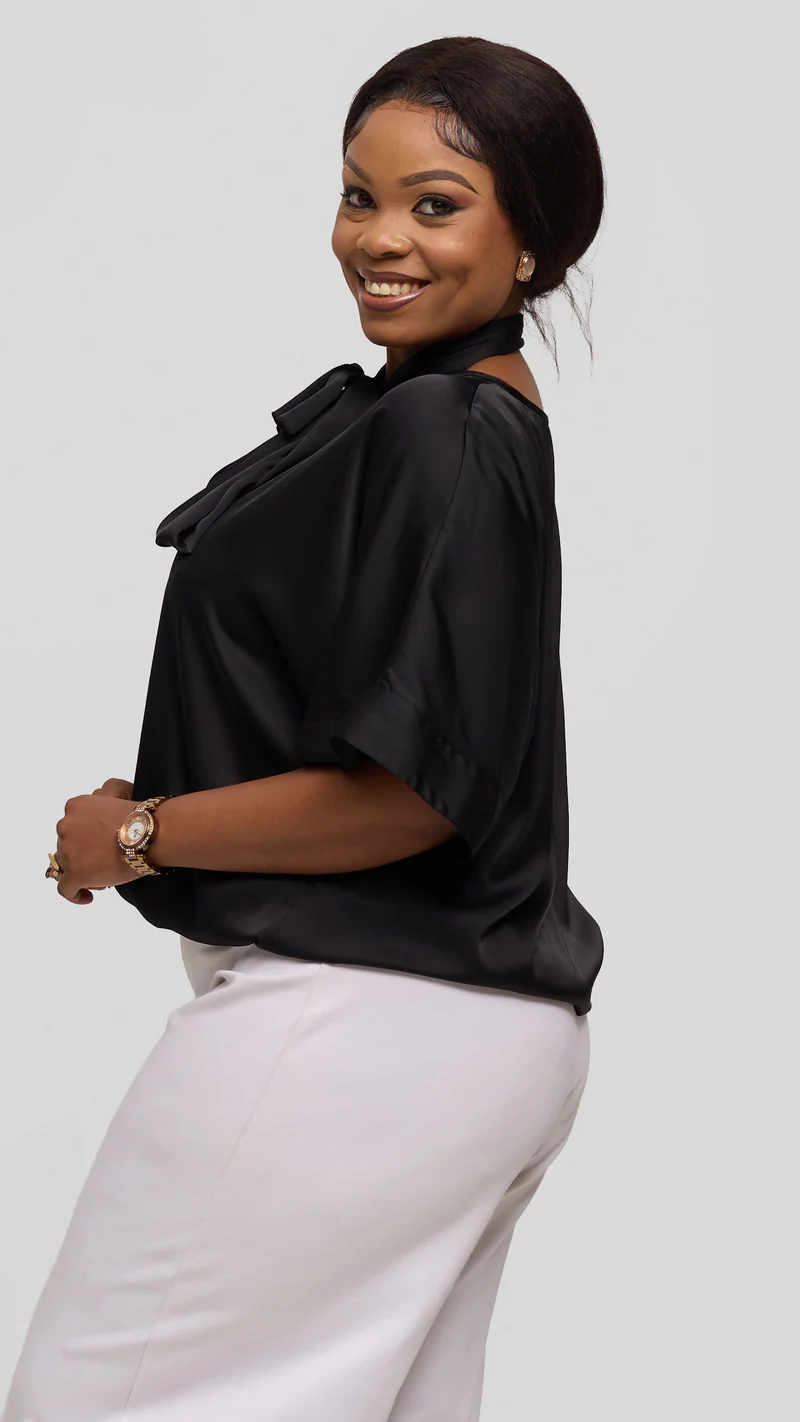 Vivo Liora Drawstring Kimono Sleeve Top in Textured Satin - Black
