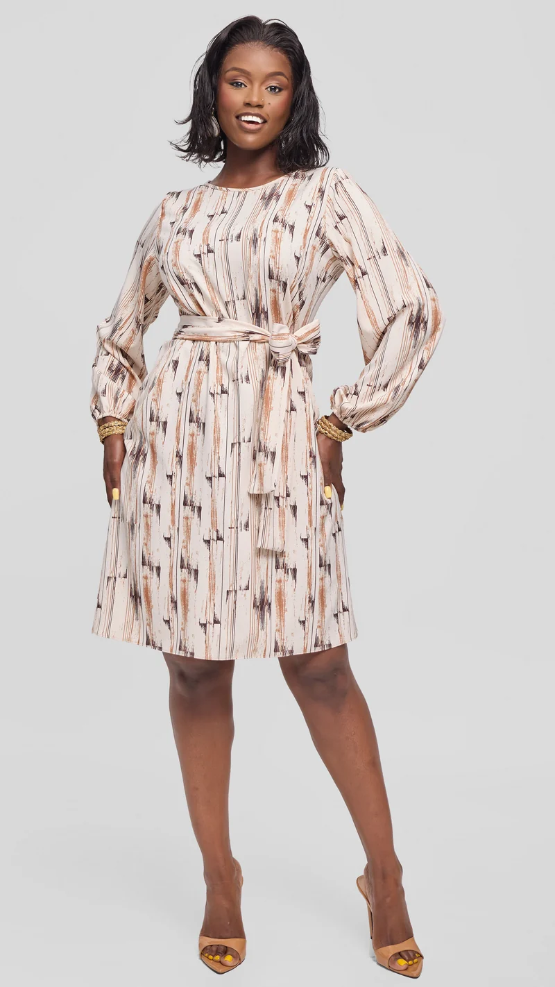 Vivo Laika Bishop Sleeve Shift Dress in Crepe - Buttermilk / Brown Siolo Print