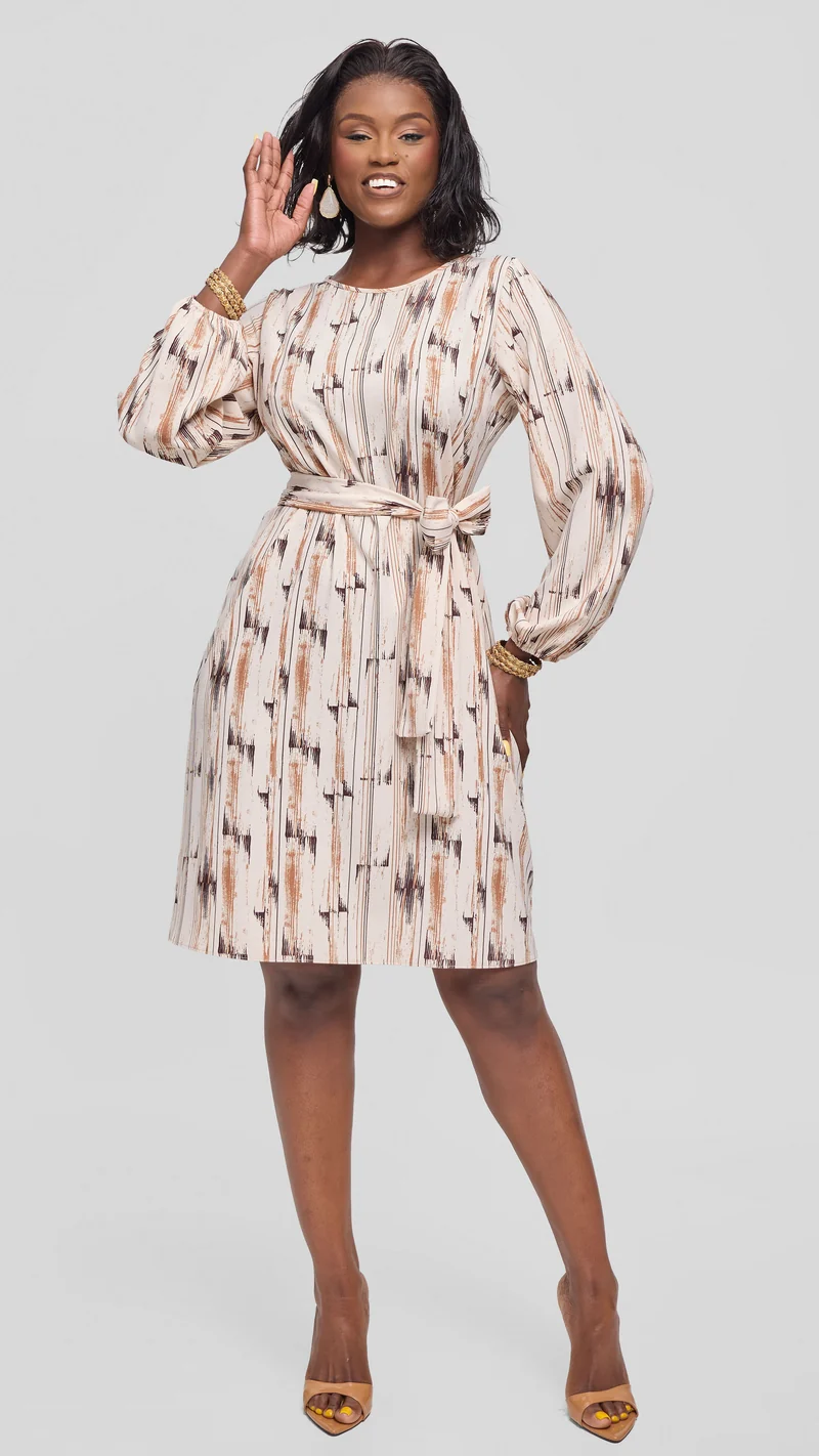 Vivo Laika Bishop Sleeve Shift Dress in Crepe - Buttermilk / Brown Siolo Print