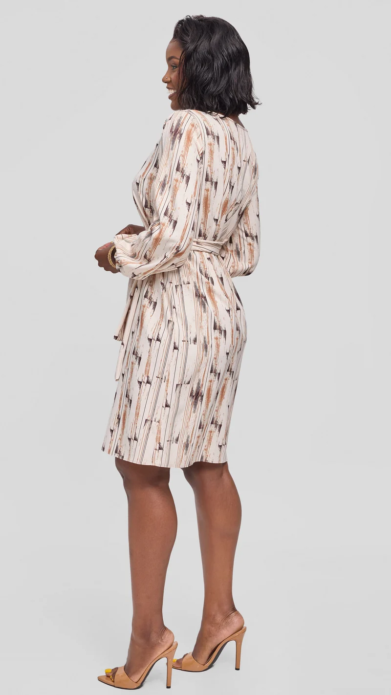 Vivo Laika Bishop Sleeve Shift Dress in Crepe - Buttermilk / Brown Siolo Print