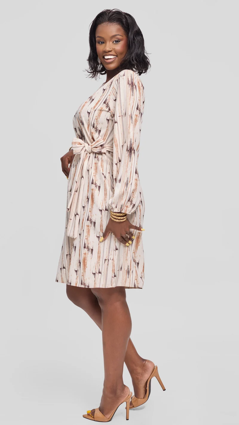 Vivo Laika Bishop Sleeve Shift Dress in Crepe - Buttermilk / Brown Siolo Print