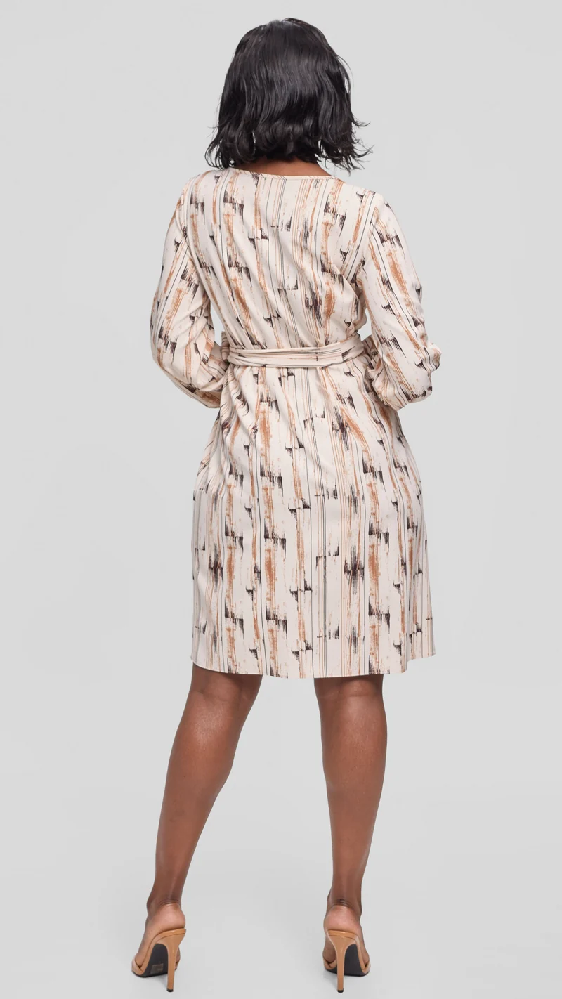 Vivo Laika Bishop Sleeve Shift Dress in Crepe - Buttermilk / Brown Siolo Print