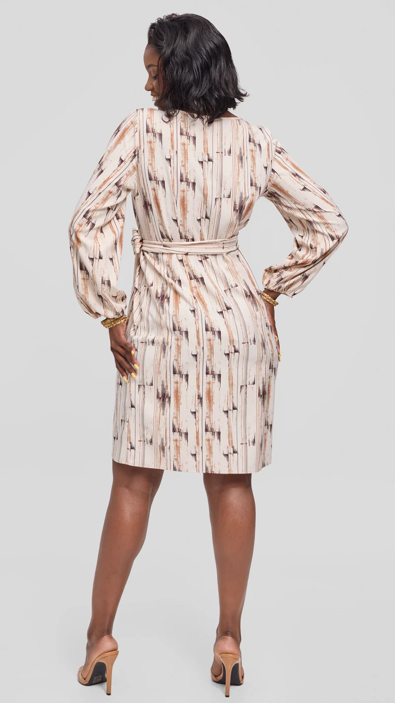 Vivo Laika Bishop Sleeve Shift Dress in Crepe - Buttermilk / Brown Siolo Print