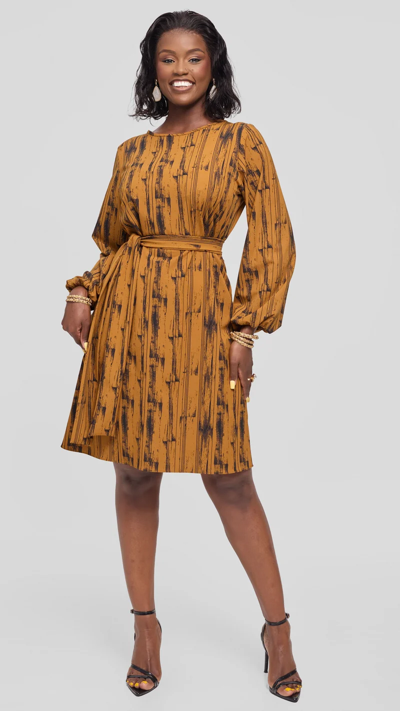 Vivo Laika Bishop Sleeve Shift Dress in Crepe - Dark Mustard / Black Siolo Print