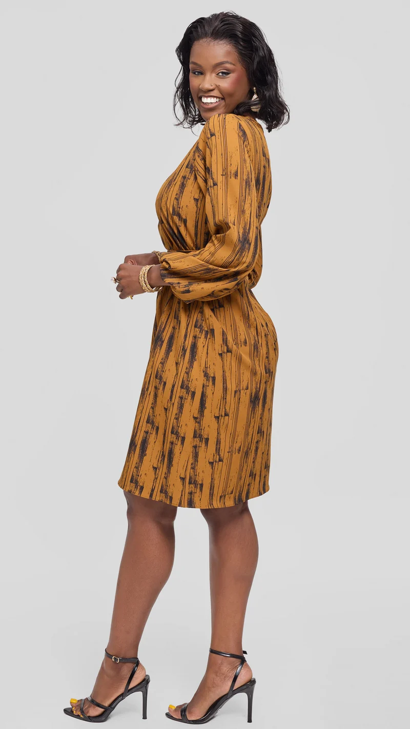 Vivo Laika Bishop Sleeve Shift Dress in Crepe - Dark Mustard / Black Siolo Print