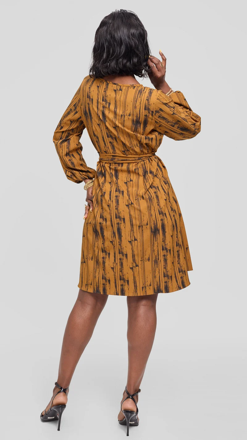 Vivo Laika Bishop Sleeve Shift Dress in Crepe - Dark Mustard / Black Siolo Print