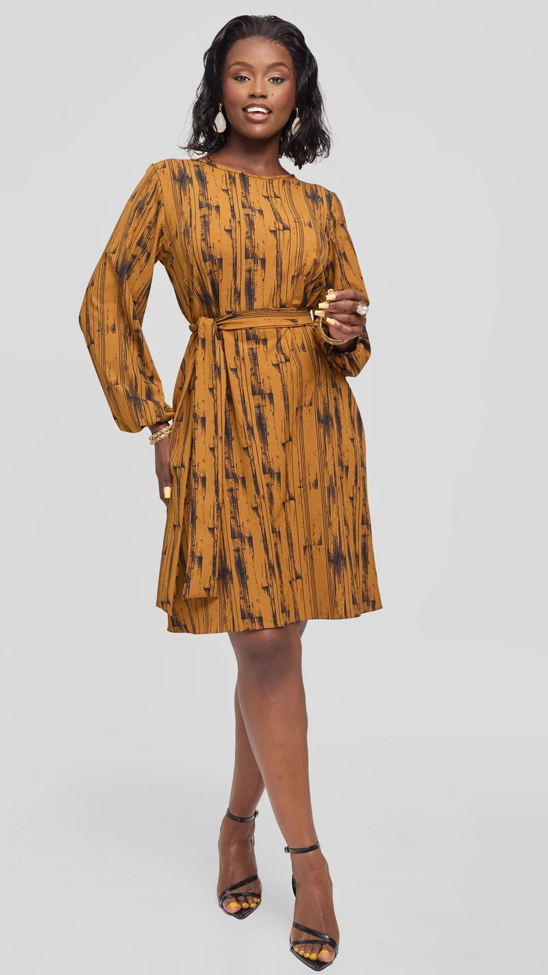 Vivo Laika Bishop Sleeve Shift Dress in Crepe - Dark Mustard / Black Siolo Print