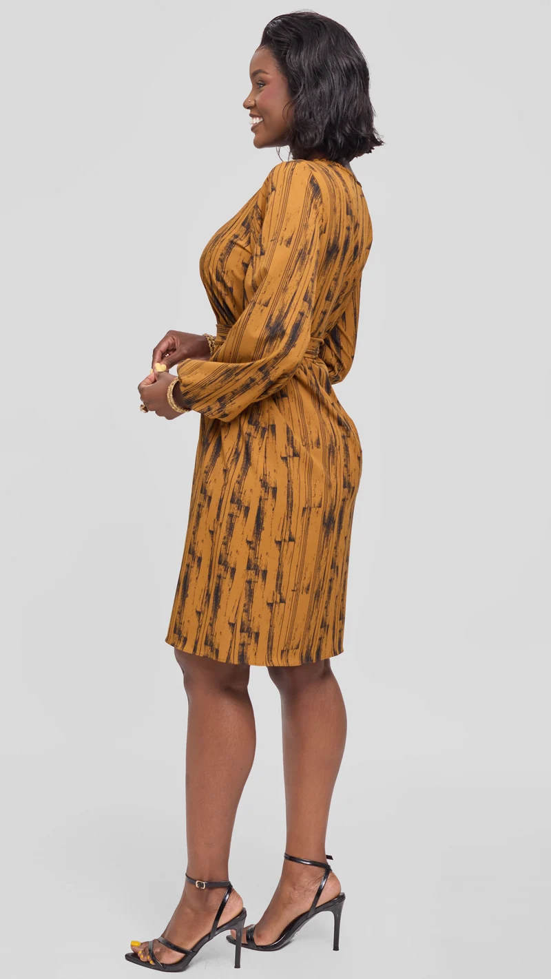 Vivo Laika Bishop Sleeve Shift Dress in Crepe - Dark Mustard / Black Siolo Print