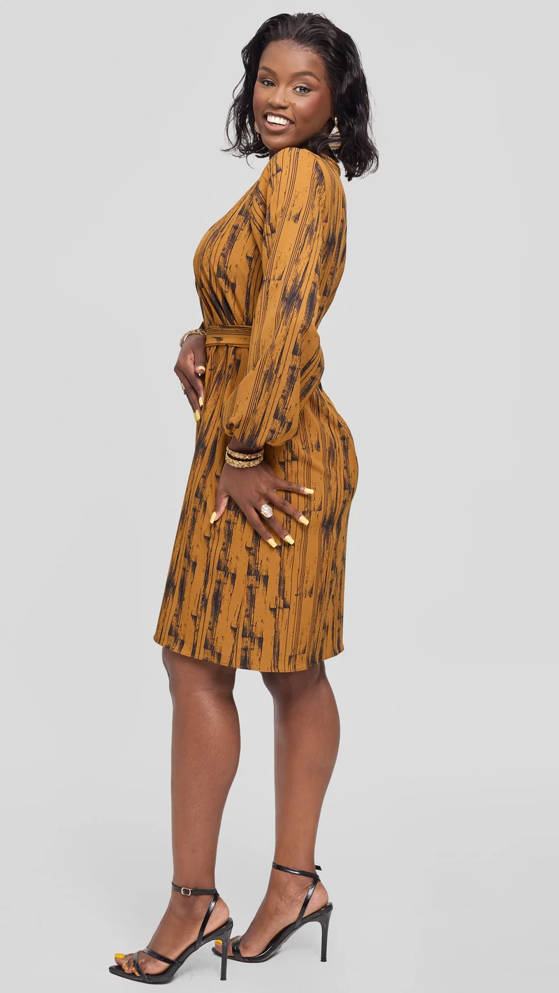 Vivo Laika Bishop Sleeve Shift Dress in Crepe - Dark Mustard / Black Siolo Print