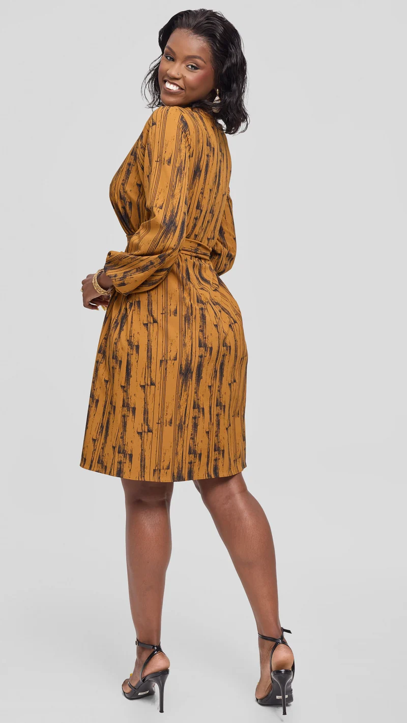 Vivo Laika Bishop Sleeve Shift Dress in Crepe - Dark Mustard / Black Siolo Print