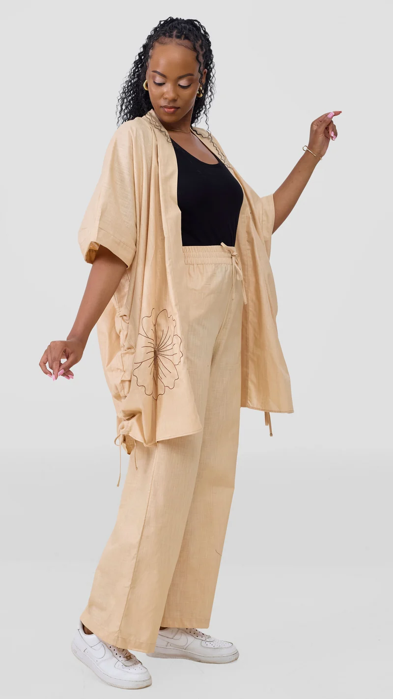 Safari by Vivo Zehra Embroidered Linen Kimono - Beige